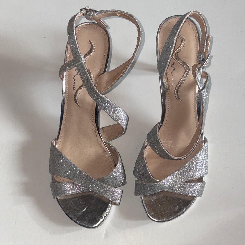 Nina Silver Glitter Strappy Slingback Heels size 9.5 Women’s Party Shoes Sandals